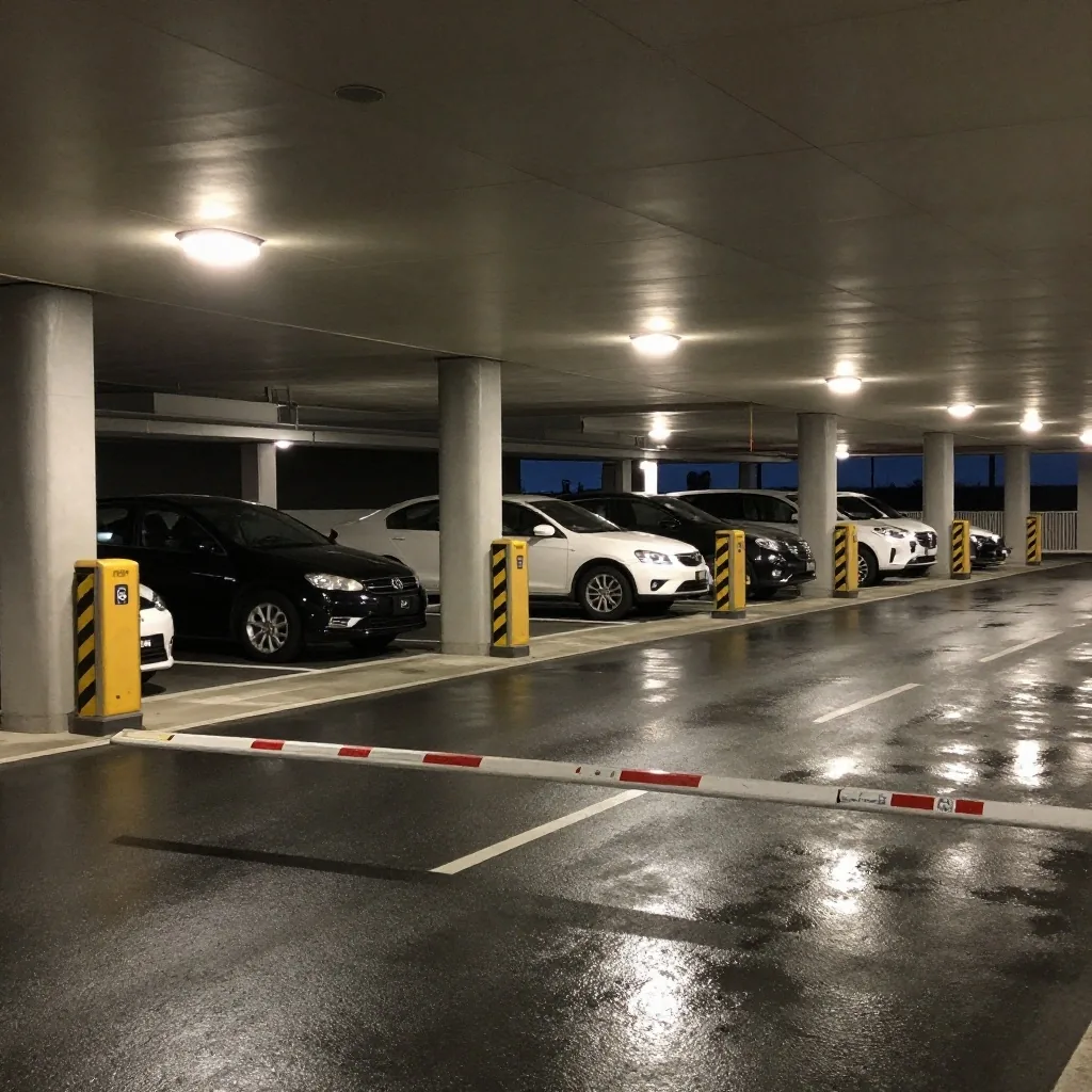 Electronic parking rate signage and entry boom gates at airport parking entrance
