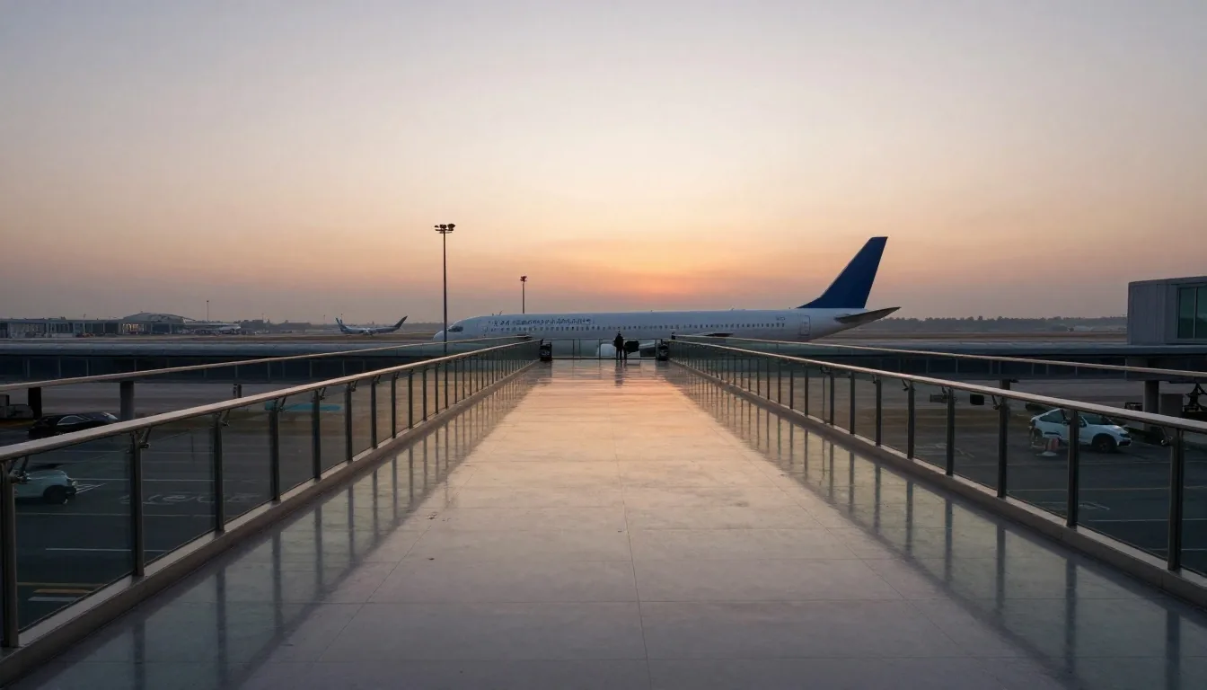 Sydney Airport tarmac at dawn with aircraft stands and runway approach lighting