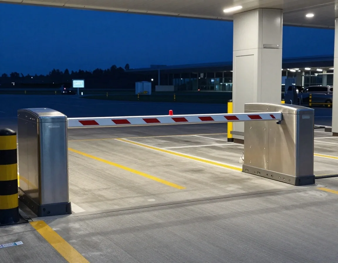 Multi-deck airport terminal parking structure boom gate entrance