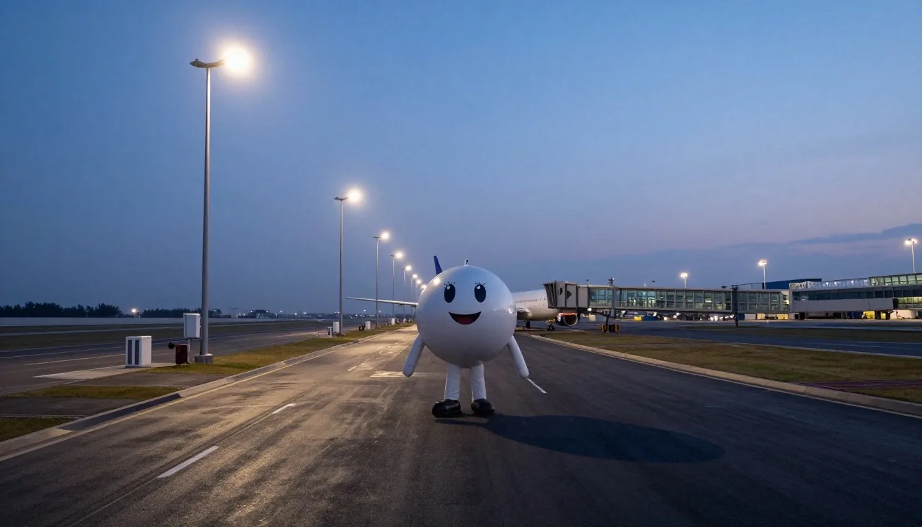 Sydney Airport tarmac at dawn with terminal floodlights reflecting on asphalt